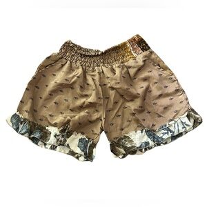 Silk Blend Pull on Shorts | Tan/Multi Print | Made in India | Size XS